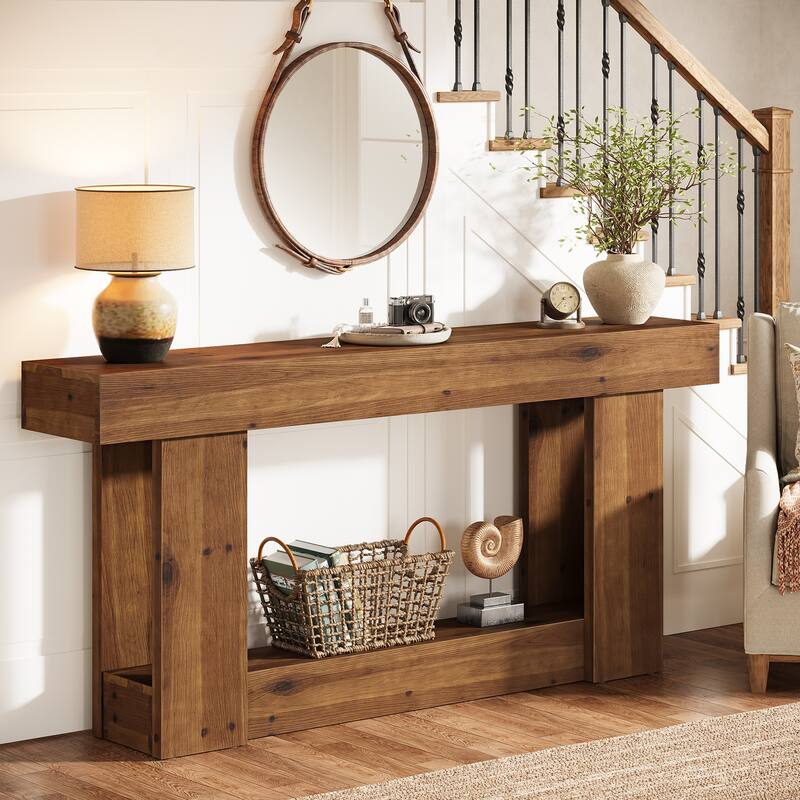 63 Inch Long Solid Wood Console Sofa Table with 2-tier Storage