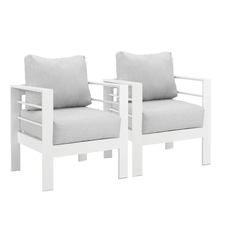 2-Pack 28" Aluminum Patio Armchairs with Thick Light Gray Cushions White Frame