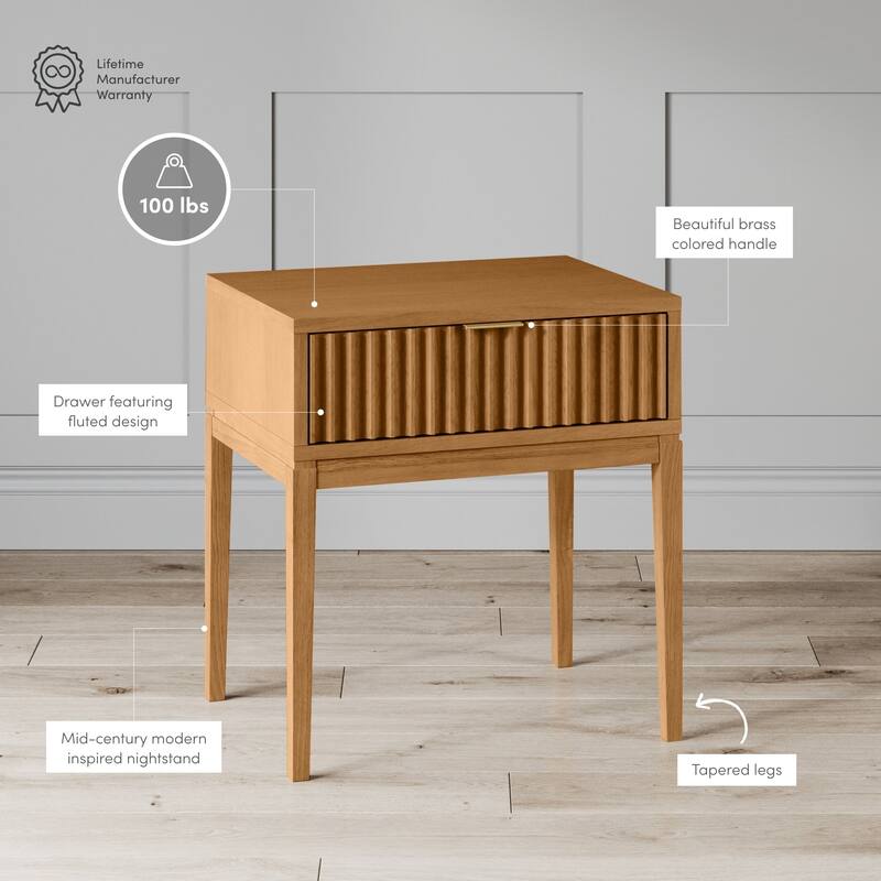 Jasper Mid-Century Modern Nighstand, Side Table with Storage and Fluted Drawer Doors with Brass Handles