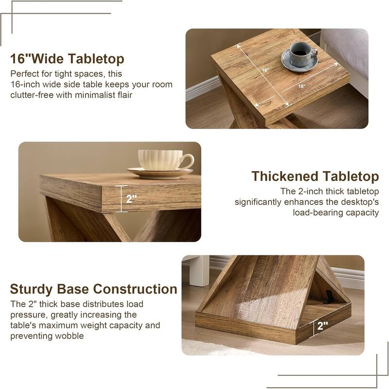 16" Modern Nightstand, Twisted Side Table, Square Rustic End Table