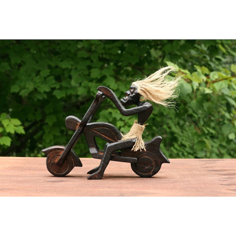 Handmade Wooden Single Primitive Tribal Riding Harley Davidson Statue Motorcycle Sculpture Tiki Bar Unique Gift Wood Home Dec
