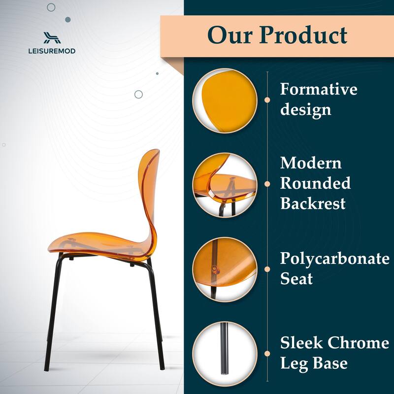 Stackable Plastic Dining Chair Transparent Set of 2 Modern Accent Side Chair for Indoor and Outdoor