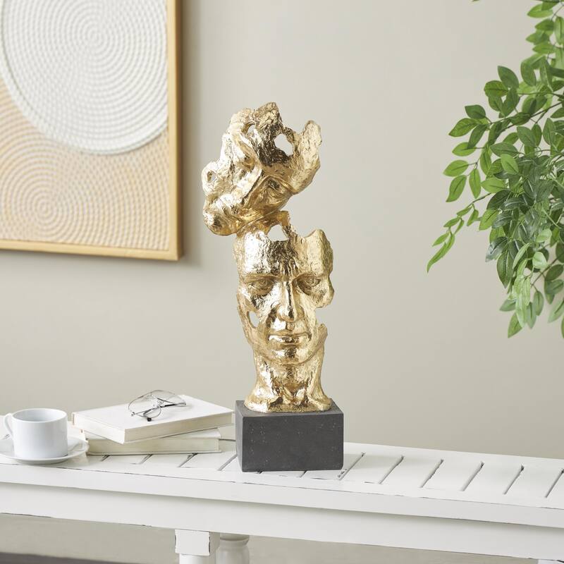 Polystone Mask Stacked Face Cutout Decorative Sculpture with Black Block Base - Gold - Roche River Decor
