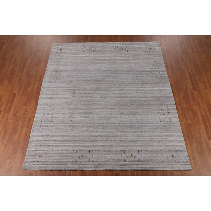 Striped Gray Gabbeh Indian Area Rug Hand-Knotted Wool Carpet - 8'7" X 9'7"