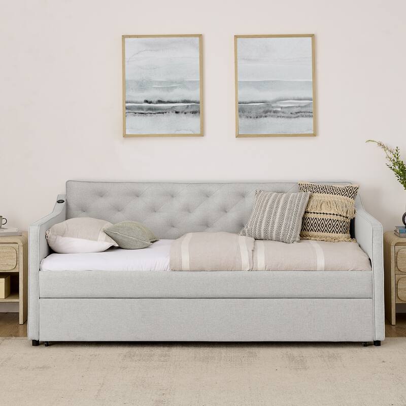 Twin Upholstered Daybed with Pop-Up Trundle & USB Charging Ports