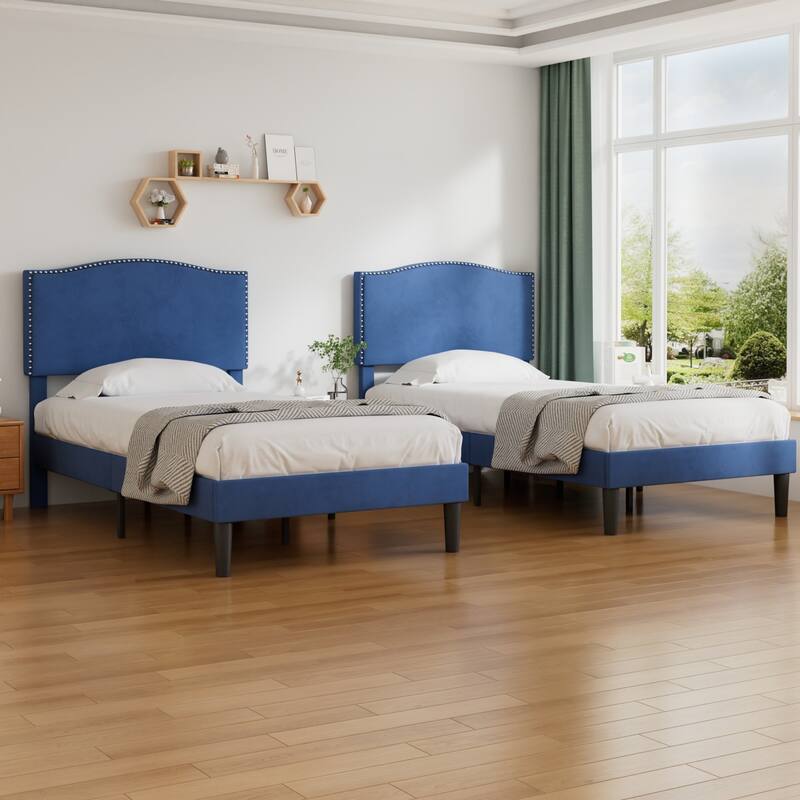 VCCELO 2-Pack Twin Size Bed Frame with Adjustable Headboard Noise-Free Twin Size Bed Set of 2 for Kids Room Dorm Apartments