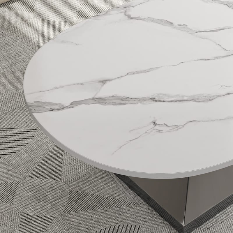 GDFStudio - Contemporary 51.2" Oval Sintered Stone Coffee Table with Sculptural Stainless Steel Base