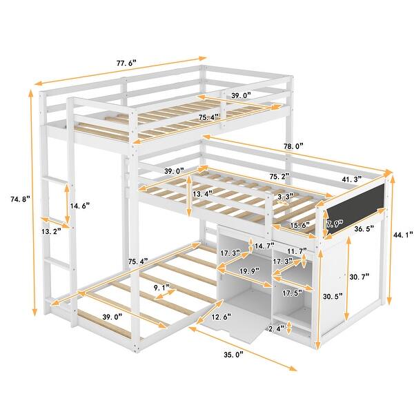 dimension image slide 0 of 2, L-Shaped Wood Triple Twin Size Bunk Bed with Storage Cabinet and Blackboard, Ladder, Space Saving Design/No Box Spring Required