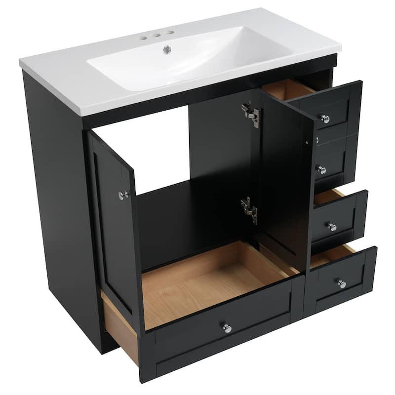 GDFStudio - Vega Wood & Ceramic 36" Shaker Style Bathroom Vanity with Sink, 4 Drawers & 2 Doors