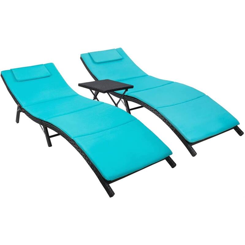 Homall 3 Pieces Patio Chaise Lounge with Removable Cushions Unadjustable Wicker Folding Chaise Lounge with Folding Table - Blue