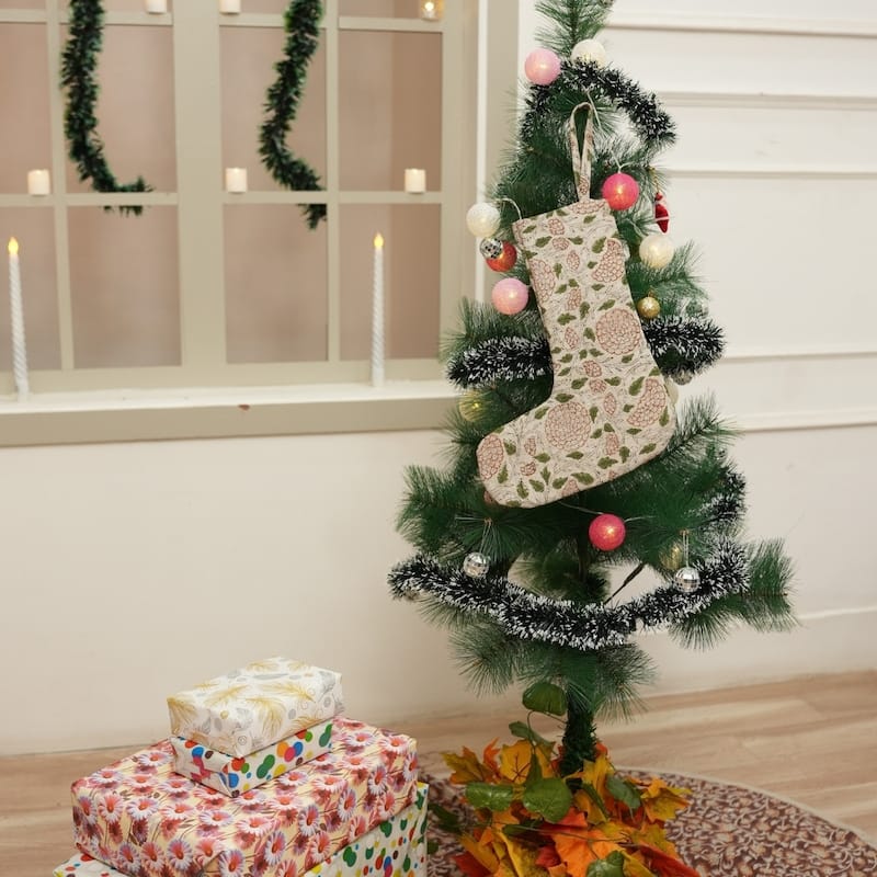Fabdivine Hand Block Floral Print Christmas Knit Stockings, Home Decorative Gift Use - 16"X6.5"