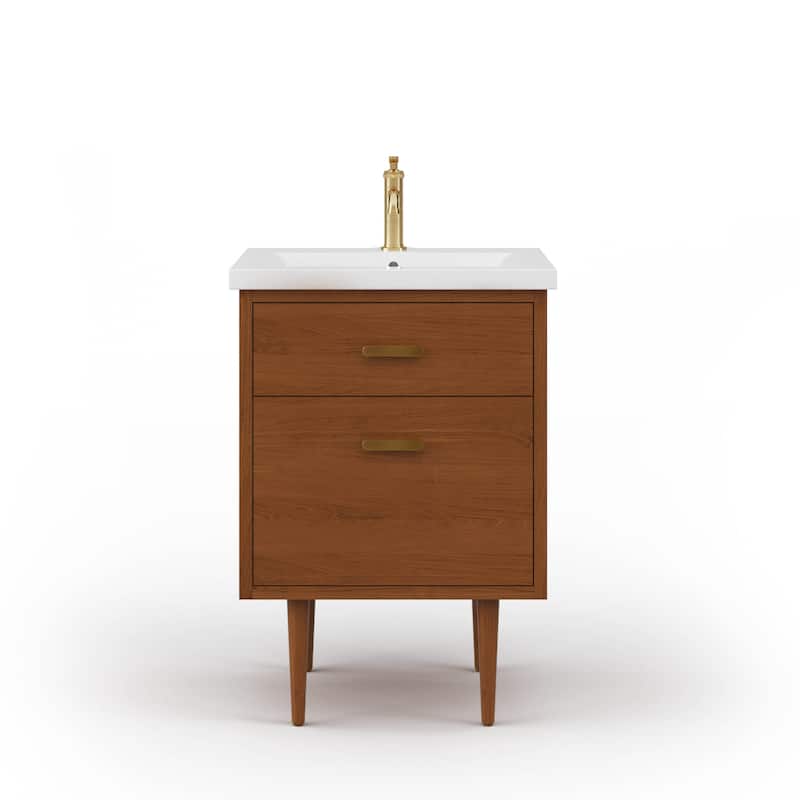 Brandy Integrated Ceramic Sink Top Vanity in Honey Walnut with Satin Gold Single Faucet