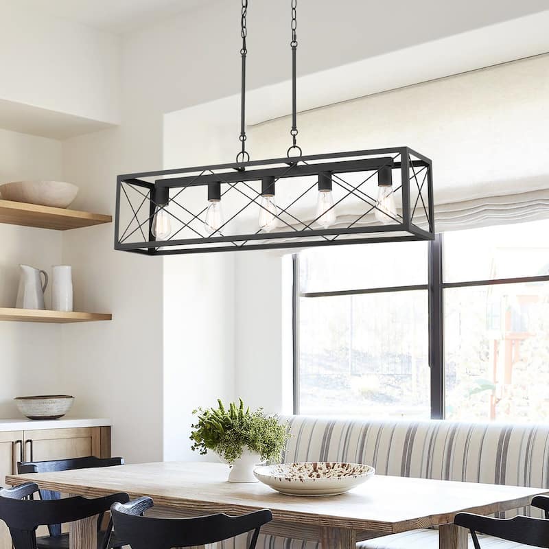 Kiro 5-light Farmhouse Linear Chandelier Faux Wood Dining Lighting with UL Certified - 36'' - Matte Black