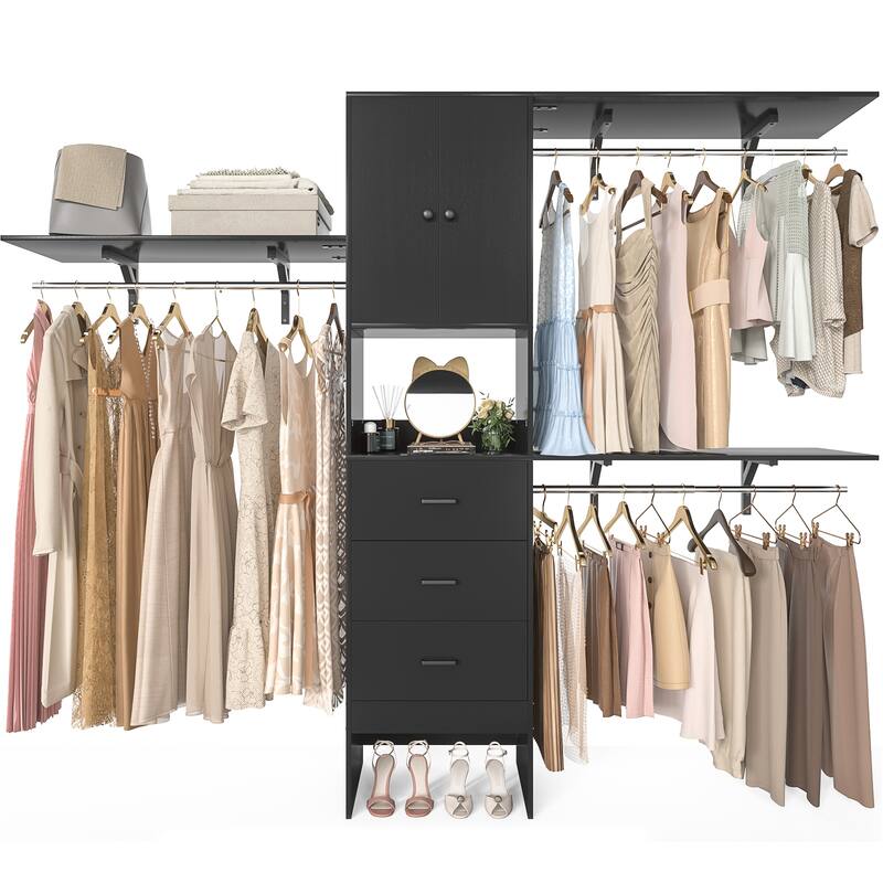 20''-96'' Wide Wooden Closet Organizer With Doors, Adjustable Closet System with Drawers and Hanging Rods