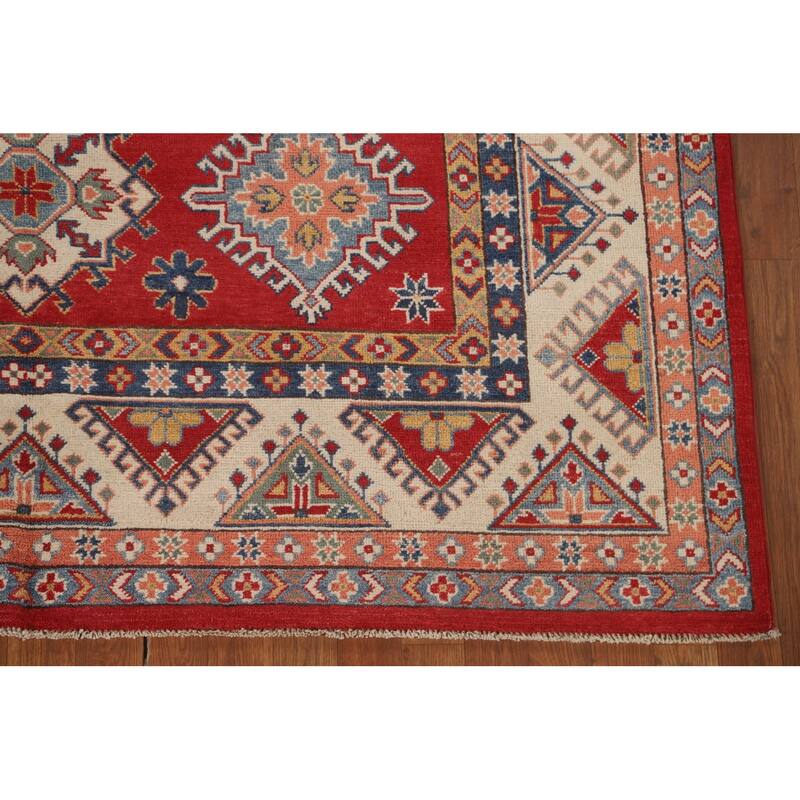 Geometric Kazak Area Rug Hand-Knotted Red Wool Carpet - 6'5" x 9'10"