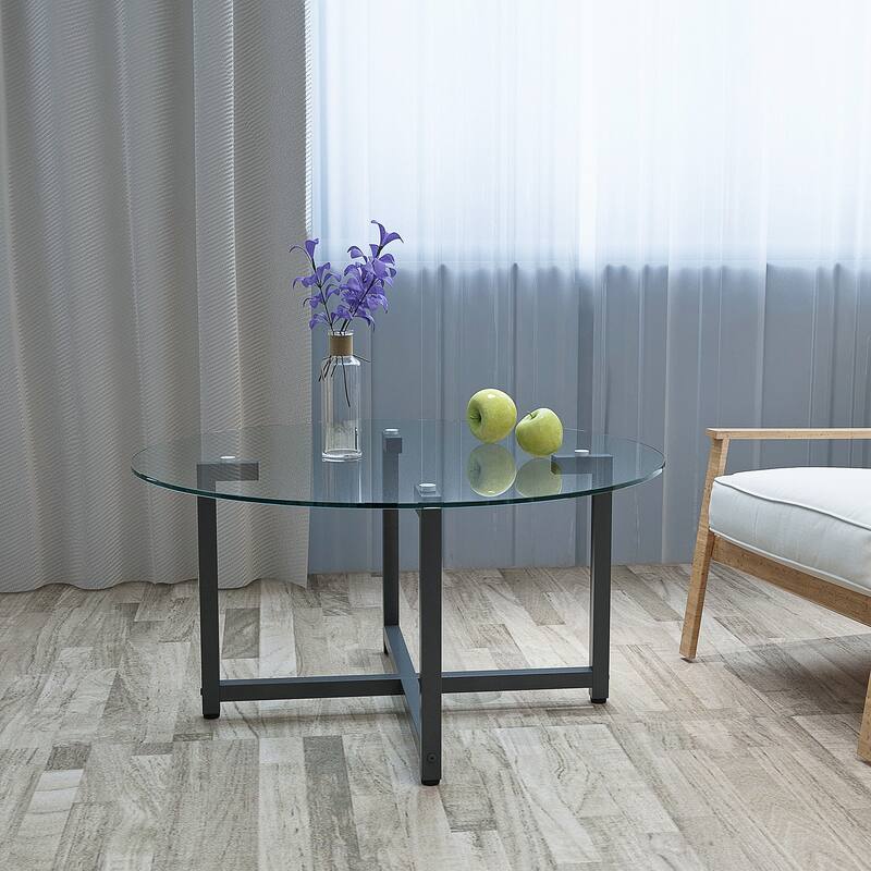 35.5'' Round End Table Modern Side Table with Metal Frame Sofa Center Tables with Tempered Glass Tabletop