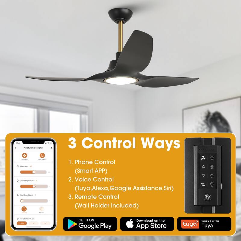 52" Modern Black Dimmable Propeller Smart Ceiling Fan with Light and Remote, App Control, Voice Control