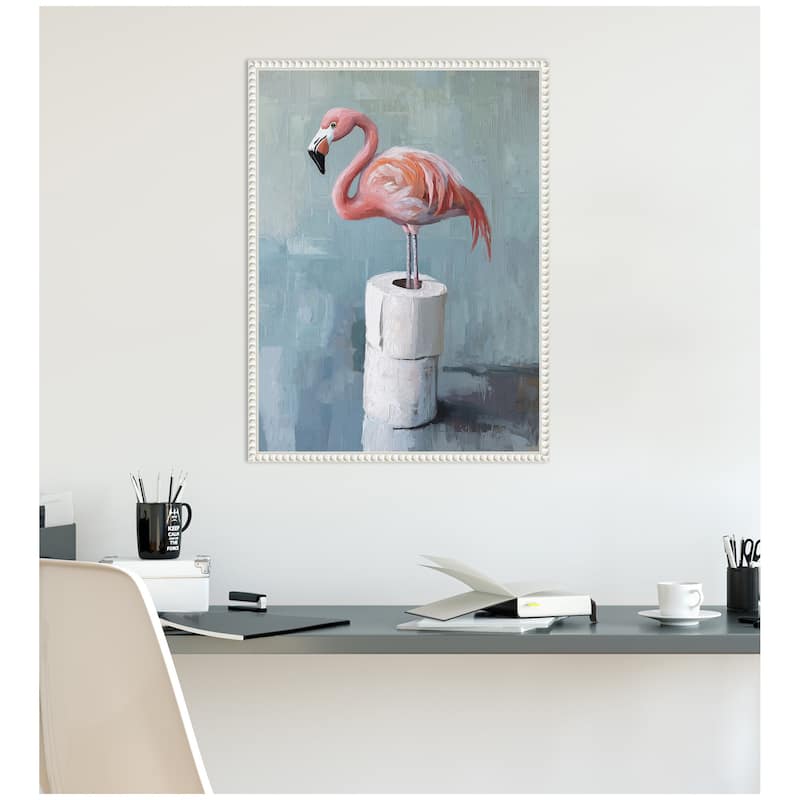Kate and Laurel Sylvie Flamingo Standing with Toilet Paper Rolls Bathroom Art Framed Canvas by The Creative Bunch Studio