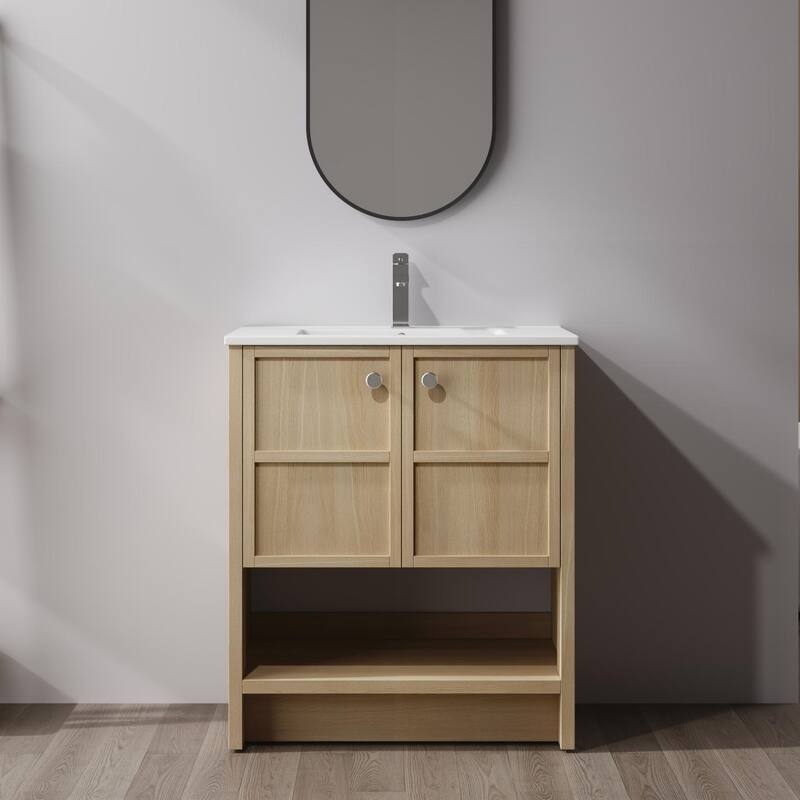 ARTCHIRLY 24/30 Inch Bathroom Vanity with Sink, Floating/Freestanding Bathroom Vanity with Soft Close Door - 30''W - Beige-Freestanding