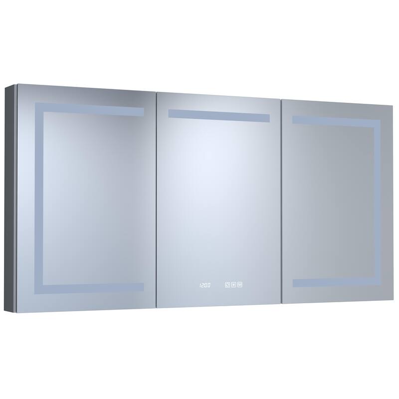 Rectangular Aluminum Recessed/Surface Mount Medicine Cabinet in Silver with Mirror LED and Clock