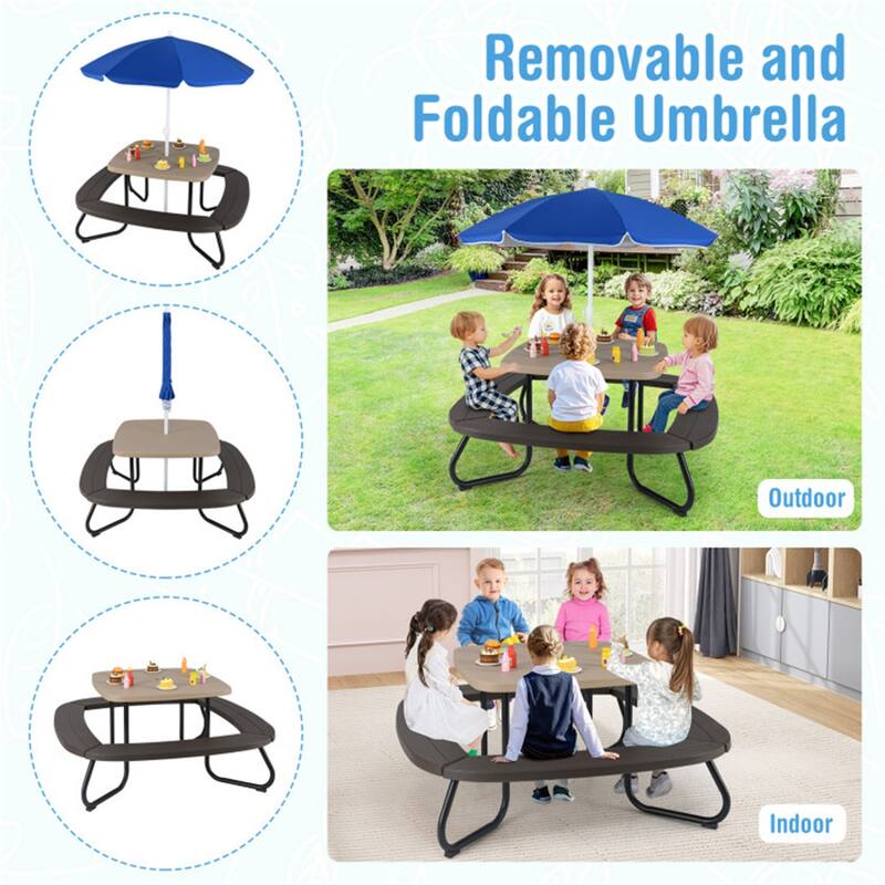 Kids Outdoor Picnic Table with Adjustable Umbrella and Benches Metal Frame and Weather-Resistant Surface - 49" × 49" × 39"-63"
