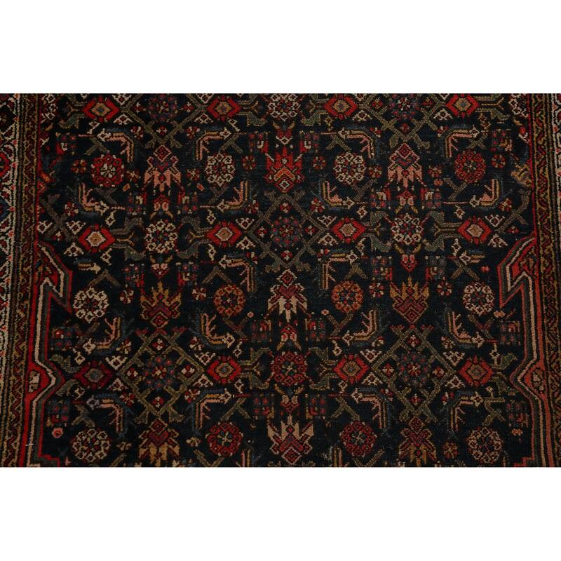 Hand Knotted Oriental 100% Wool Carpet Traditional Geometric Navy Blue & Blues Bibikabad Runner Rug - 13' 4'' X 3' 5''