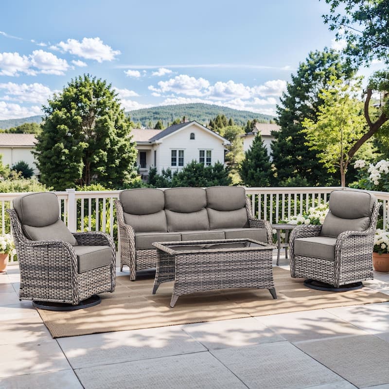 Pocassy Outdoor Sofa Patio Swivel Chairs Sets - Grey Wicker Grey Cushion - S-a Swivel Chair with Table Set - 5PCS