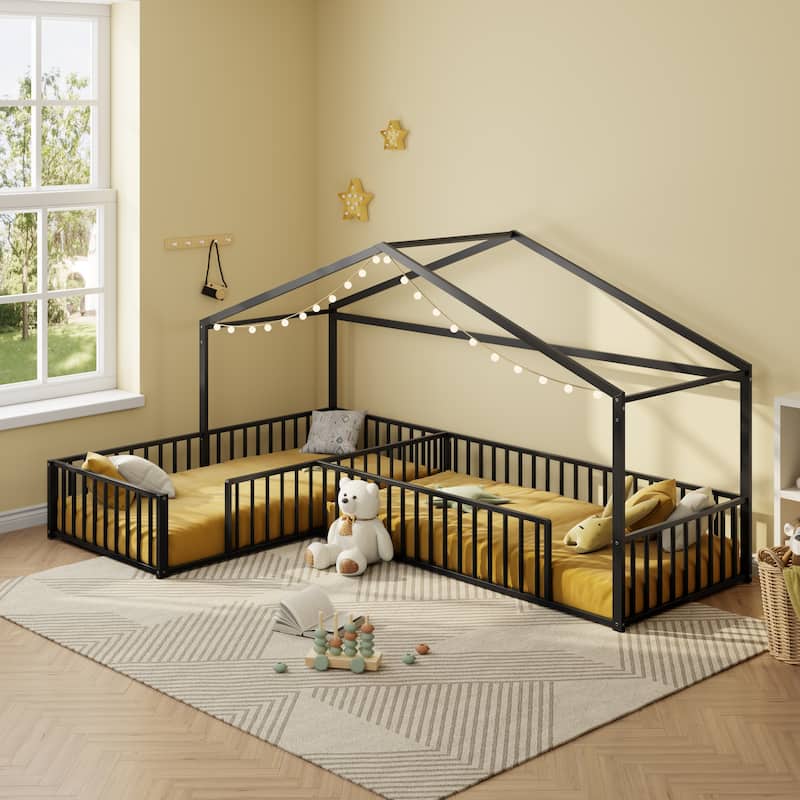 Twin Size L-shaped Corner Montessori Bed with Fence, Metal House-shaped Bed Frame, Without Slats, Floor House Bed for 2 Kids