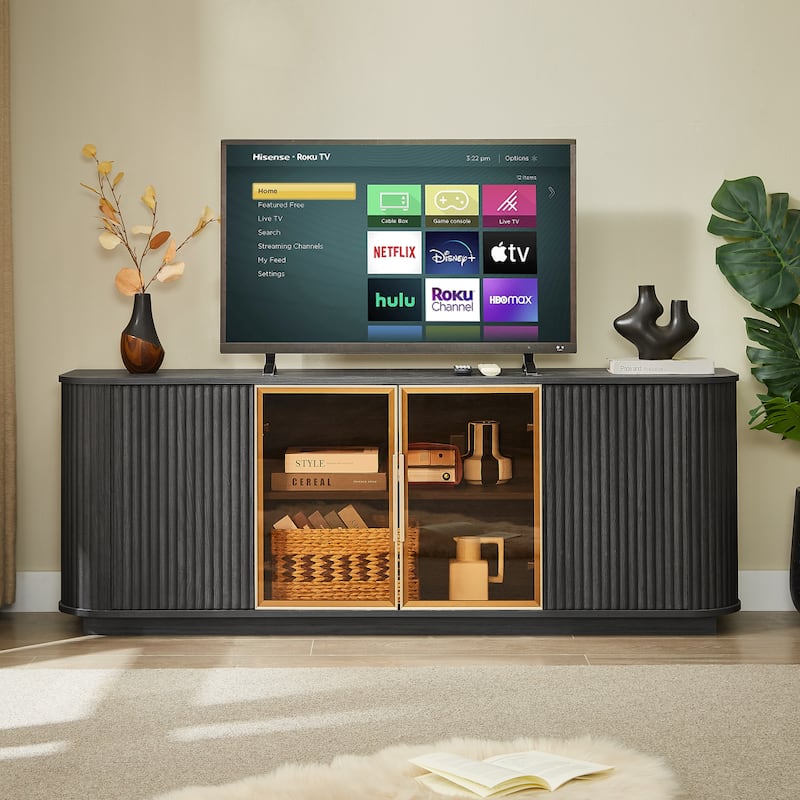 Anmytek 64 Inch Wavy Wooden TV Cabinet Black Aluminum Frame Tempered Glass Door Storage Sideboard - Black