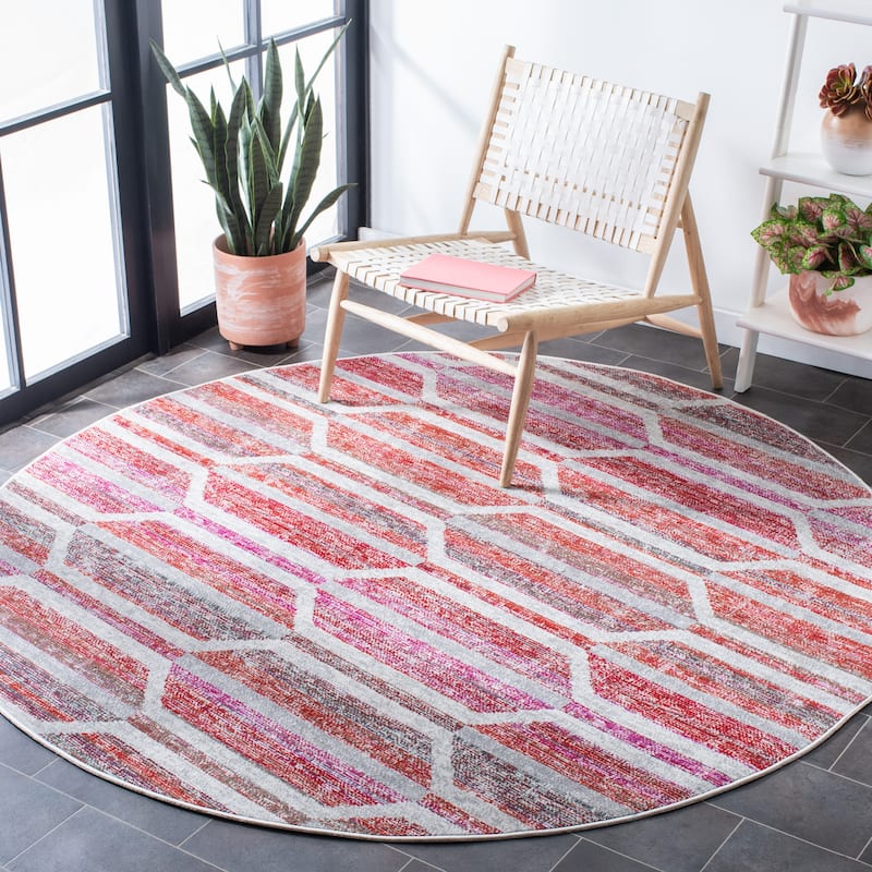 SAFAVIEH Montage Fredy Indoor/ Outdoor Waterproof Patio Backyard Rug - 6'7" Round - Red/Ivory