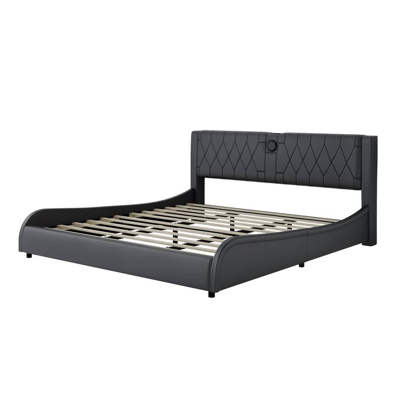 King Size Luxurious Faux Leather Upholstered Platform Bed with Thickened Headboard, Bluetooth Speakers and RGB LED Light