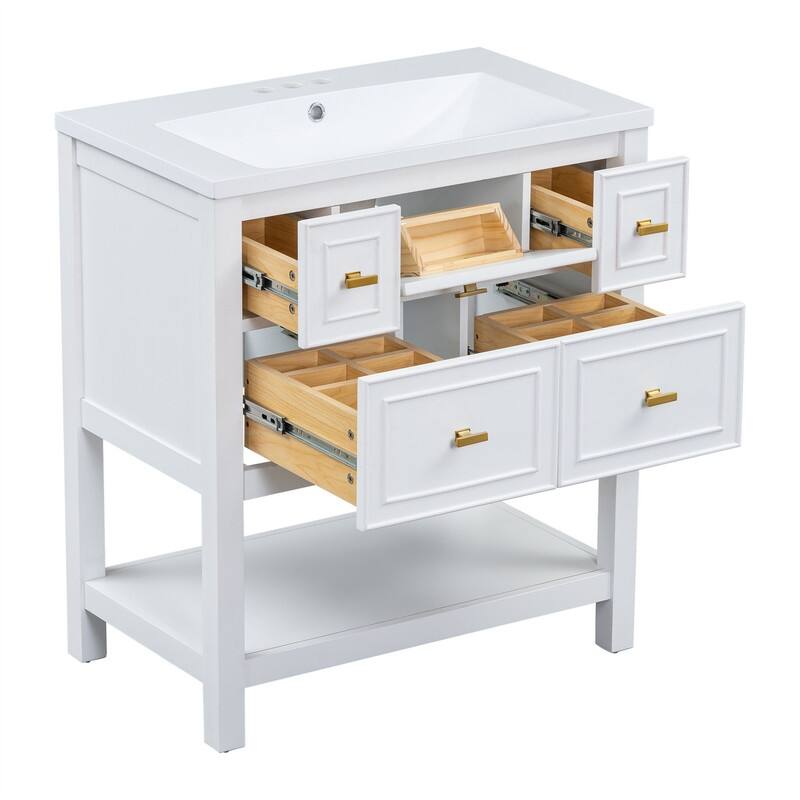 30'' Bathroom Vanity with/without Resin Sink, Freestanding Bathroom Vanity Cabinet with 5 Drawers & Open Shelf, Solid Wood Frame