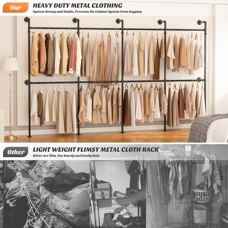 38- 153 Wide Heavy-Duty Wall-Mounted Garment Rack, Pipe Clothes Hanging Rods Closet System