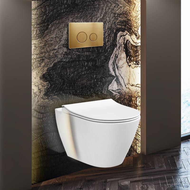 Toilet Combo Set - Toilet Bowl With Soft-Close Seat, 2"x 6" Concealed Tank And Carrier System, Push Buttons Included. - Satin Nickel Round - Push Plates (Metal)