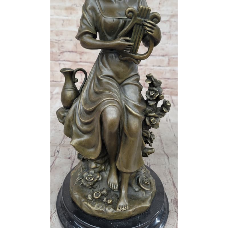 Classical Young Girl W/ Lyre Harp- Greek Roman Decor Bronze Sculpture By Milo