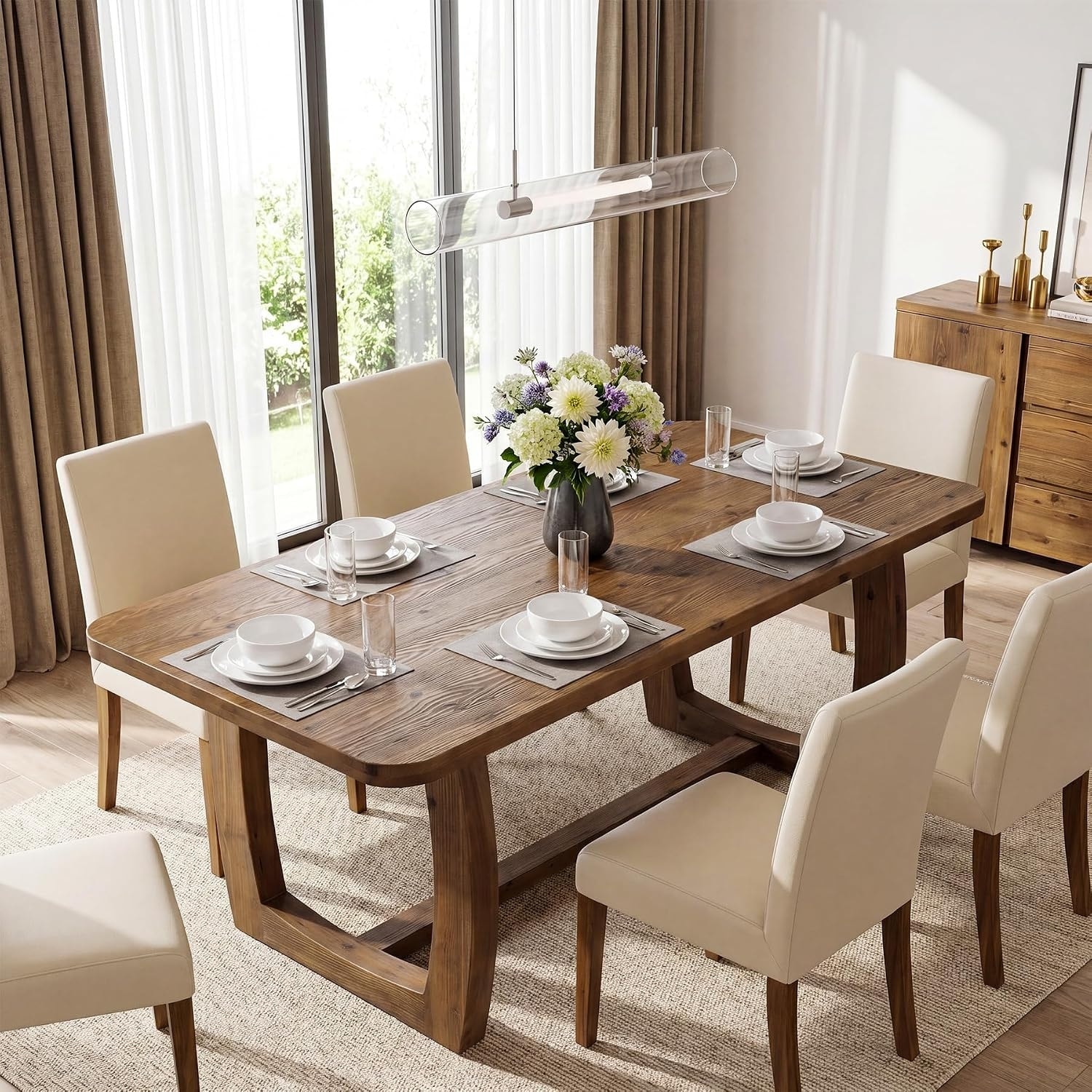 63 Inch Dining Room Table with U-Shaped Trestle Base