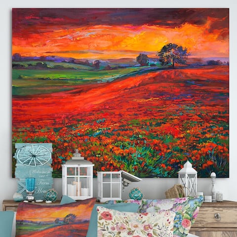 Designart 'Blossoming Poppy Fields During Summer Sunset' Farmhouse Canvas Wall Art Print