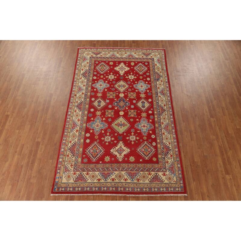 Red Geometric Kazak Area Rug Hand-Knotted Bedroom Wool Carpet - 6'2" x 10'2"