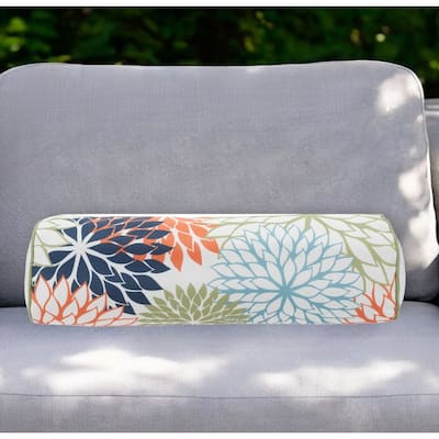 6" X 20" Orange Green and Blue Bolster Floral Indoor Outdoor Throw Pillow - 6" x 20"