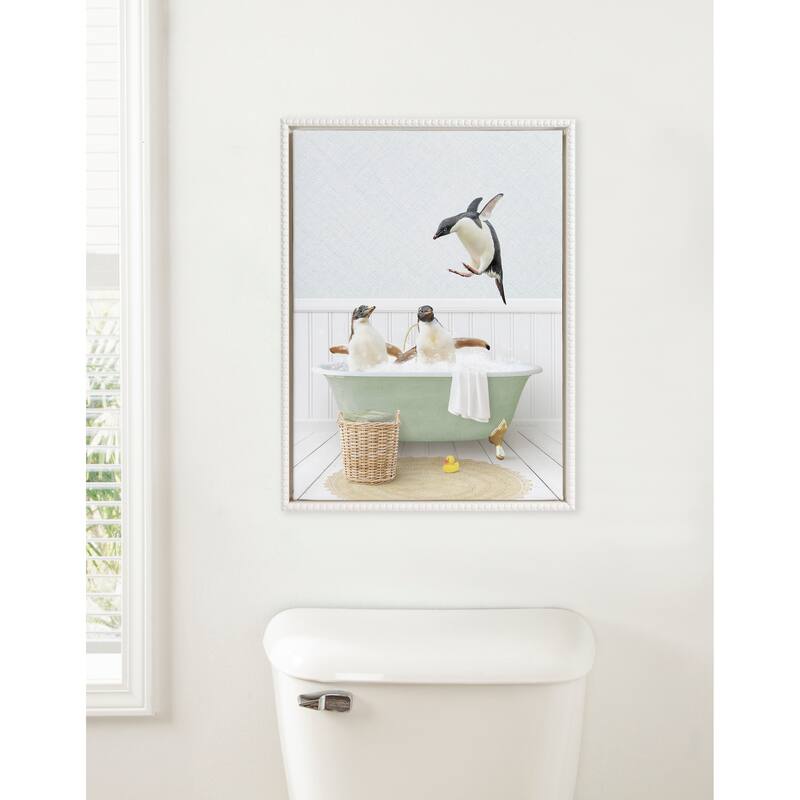 Sylvie Beaded Penguins in Cottage Bath Framed Canvas by Amy Peterson
