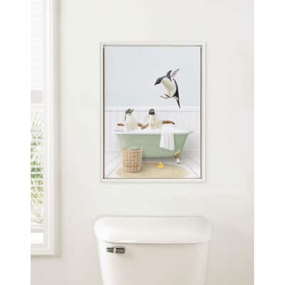 Sylvie Beaded Penguins in Cottage Bath Framed Canvas by Amy Peterson
