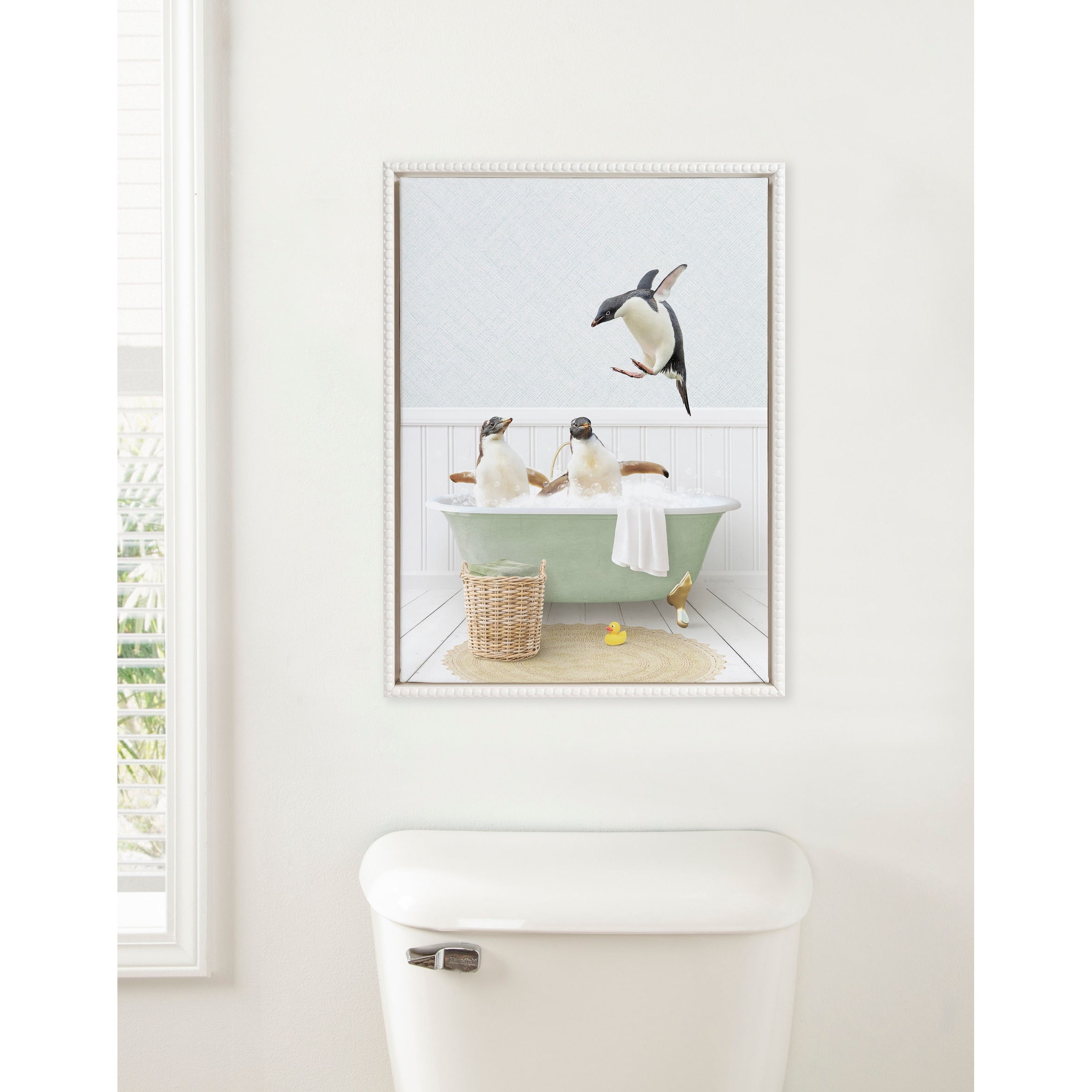 Sylvie Beaded Penguins in Cottage Bath Framed Canvas by Amy Peterson