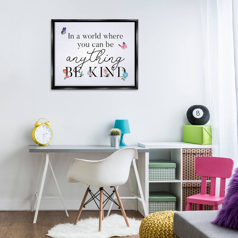Stupell Floral & Butterflies Be Kind Framed Floater Canvas Wall Art Design By Gigi Louise