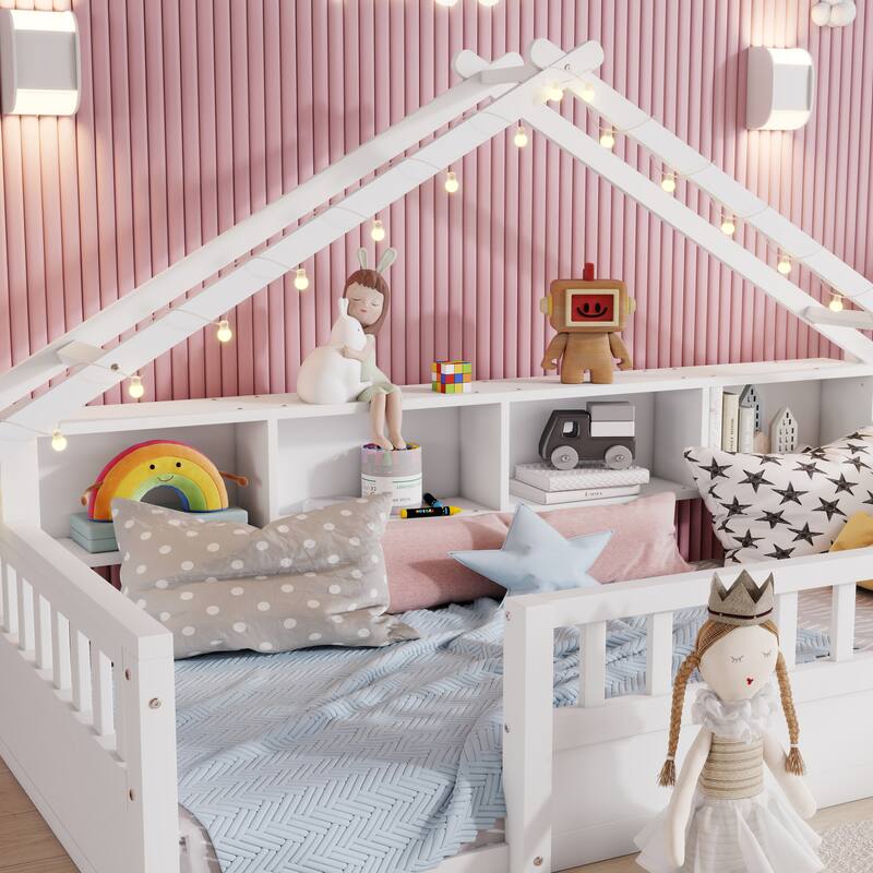 House-shaped Daybed Kids Wood House Bed Montessori Toddler Floor Bed with Roof Shape Storage Bookshelves and Light