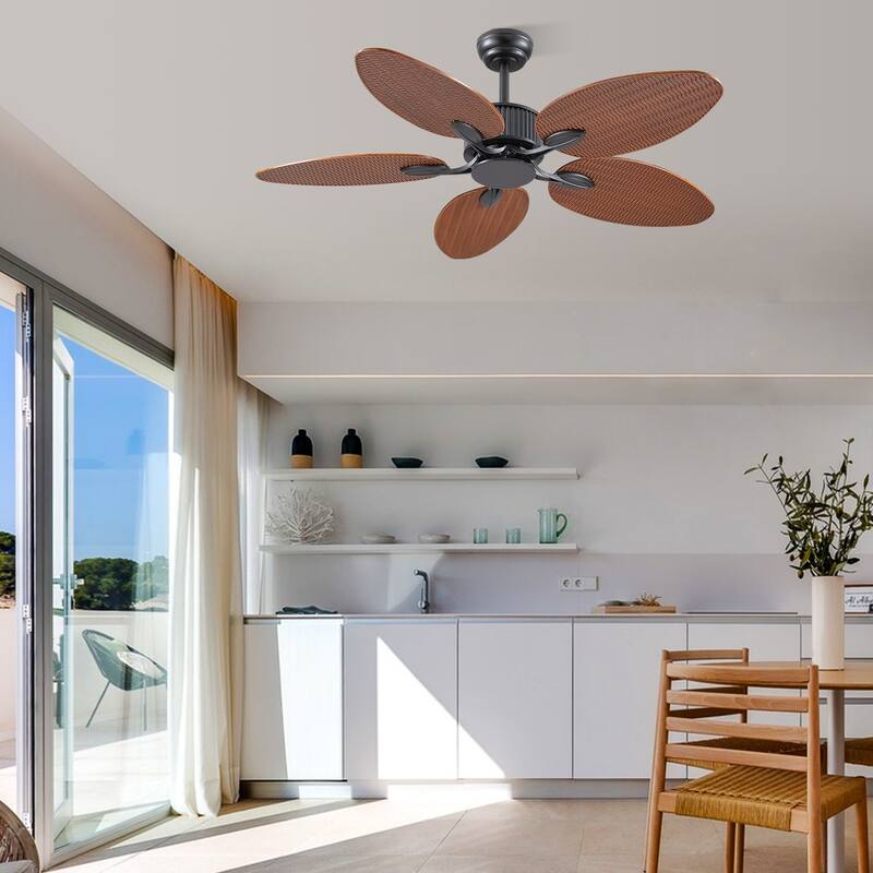 50 Inch Tropical Ceiling Fan with Palm Leaf Blades Glass Cover Remote Control Waterproof for Farmhouse Indoor and Outdoor Patio