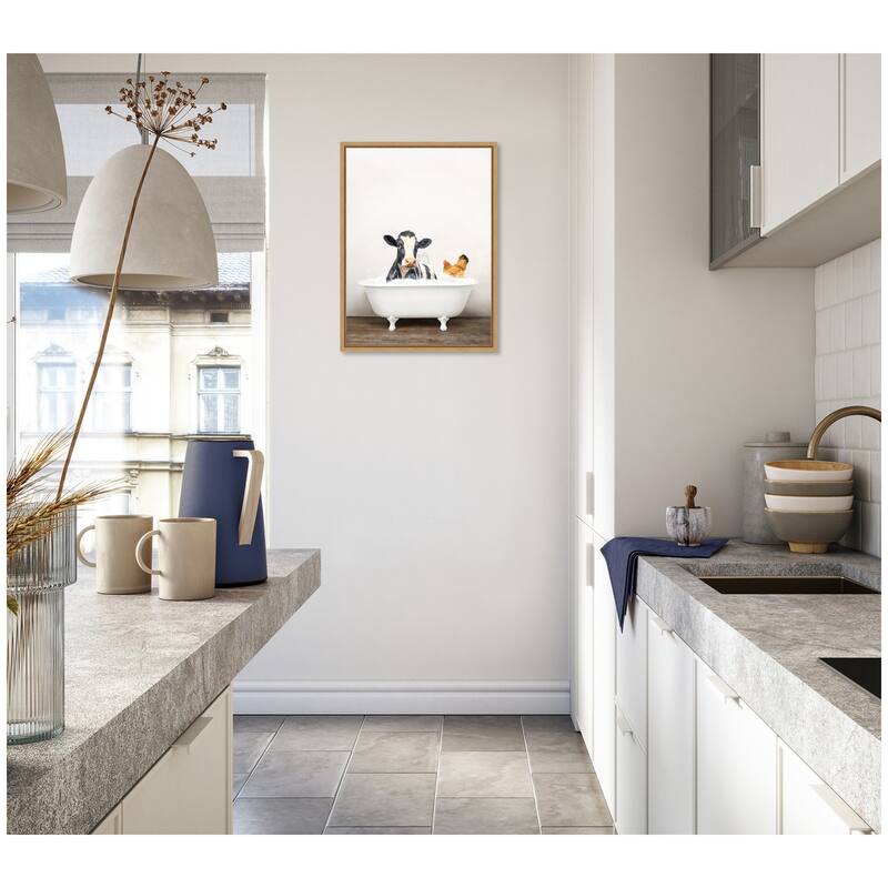 Kate and Laurel Sylvie Cow and Chicken in Rustic Bathtub Framed Canvas by Amy Peterson