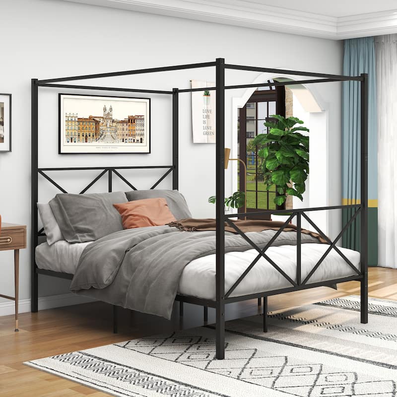 Black Metal Canopy Bed Frame, Sturdy X Shaped Frame