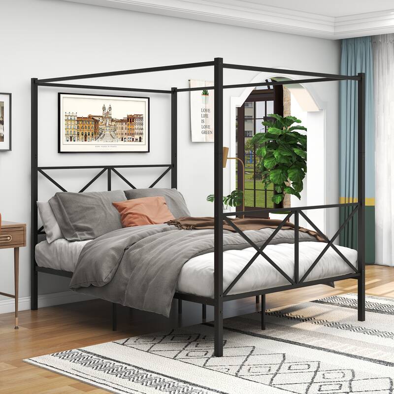 Metal Canopy Bed Frame, Sturdy Platform, X Shaped Frame, Upgrade Your Bedroom