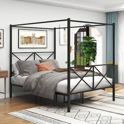 Metal Canopy Queen Bed Frame, Platform Bed Frame Queen with X Shaped Frame