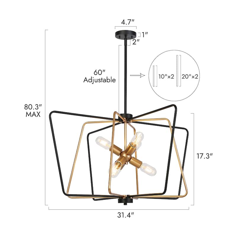 Modern 6-Light Geometric Black and Gold Chandelier Adjustable Height Light Fixture for Large Spaces - 31.4" × 17.3"